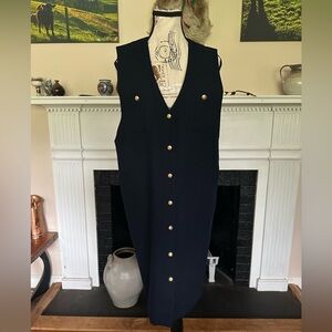 Donna Ricco 100% Worsted Wool Dress Navy Blue Button Down Sleeveless Gold Button